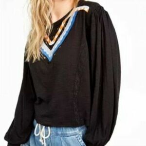 NWT. Free People Black Blouse with Blue and Orange Details